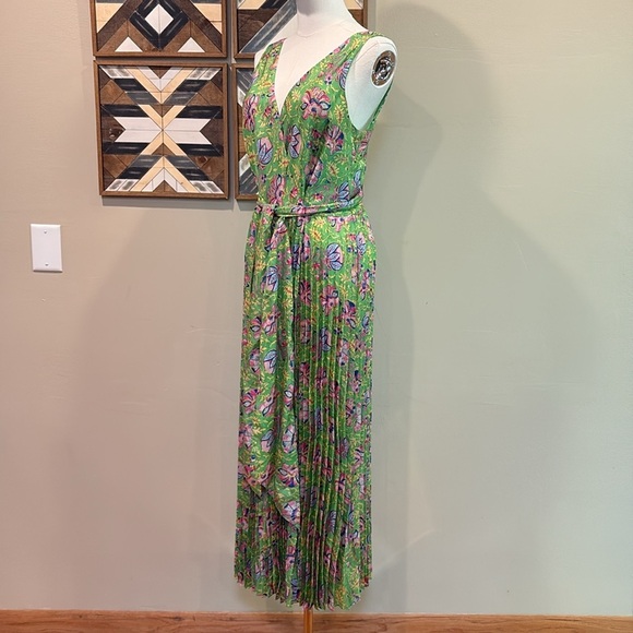 Ralph Lauren Vintage V-Neck Paisley Silk Wrap Pleated Tie Dress Green Multi 10 - Picture 3 of 14